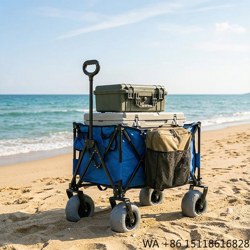 Outdoor Camping Table - 折りたたみ式メタルビーチワゴン、クイックリリーススイベルバルーンホイール、コンパクトで広々としたキャンプカート、簡単に分解可能