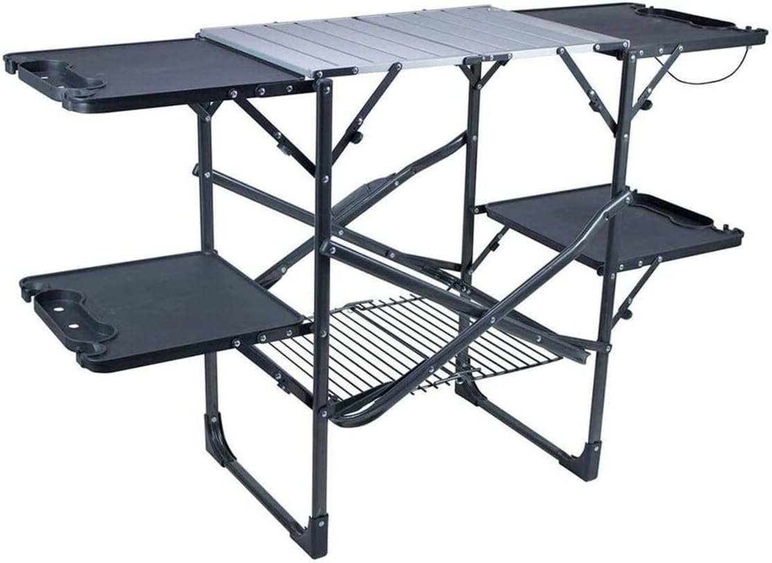 Outdoor Camping Table - スリム折りたたみ式ポータブルキャンプキッチンテーブル、耐熱トップサイドシェルフ、収納ラック、ペーパータオルホルダー、ピクニックや屋外調理用クックステーション（ブラック）