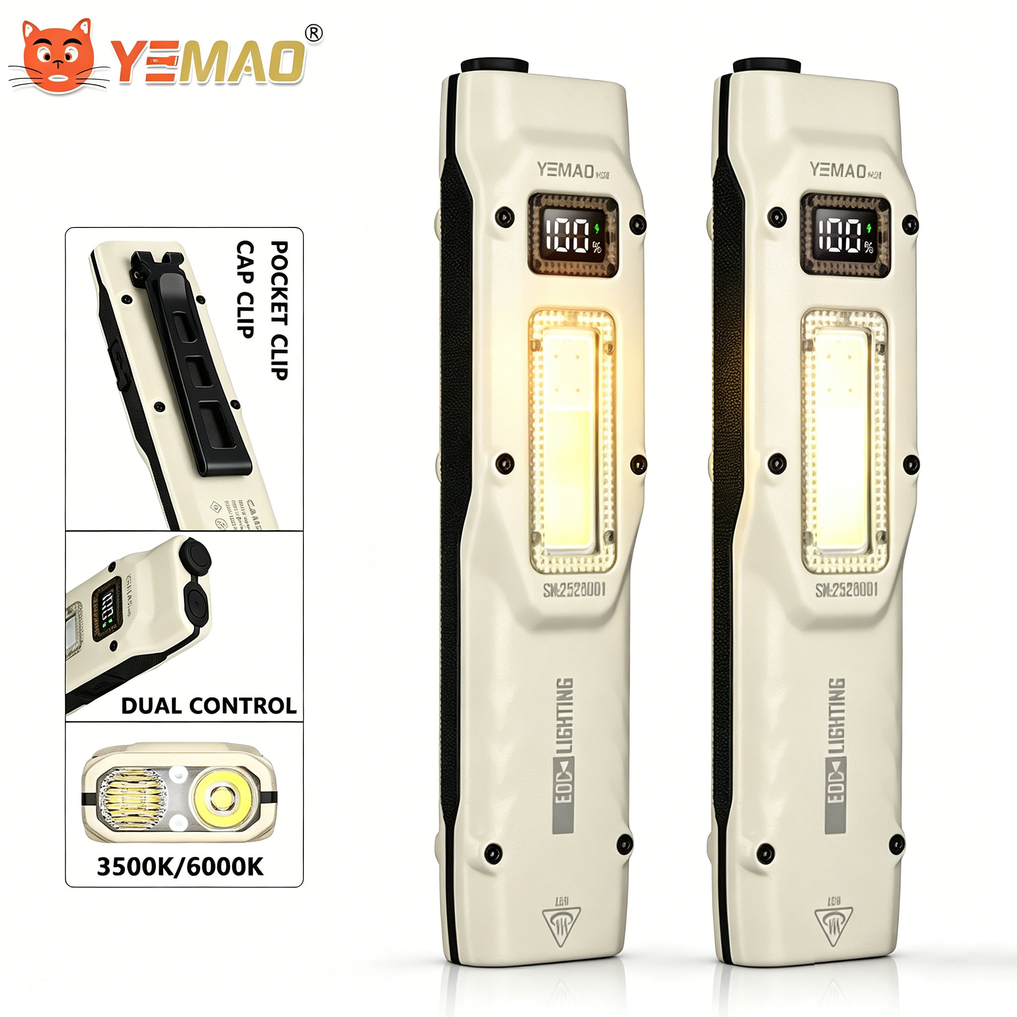 Outdoor Camping Glamping - ポータブル880LM YEMAO M28超薄型タクティカルワークライト、双方向クランプ付き、1000mAhデュアルコアXPLウィック、デジタルディスプレイ、IPX4防水