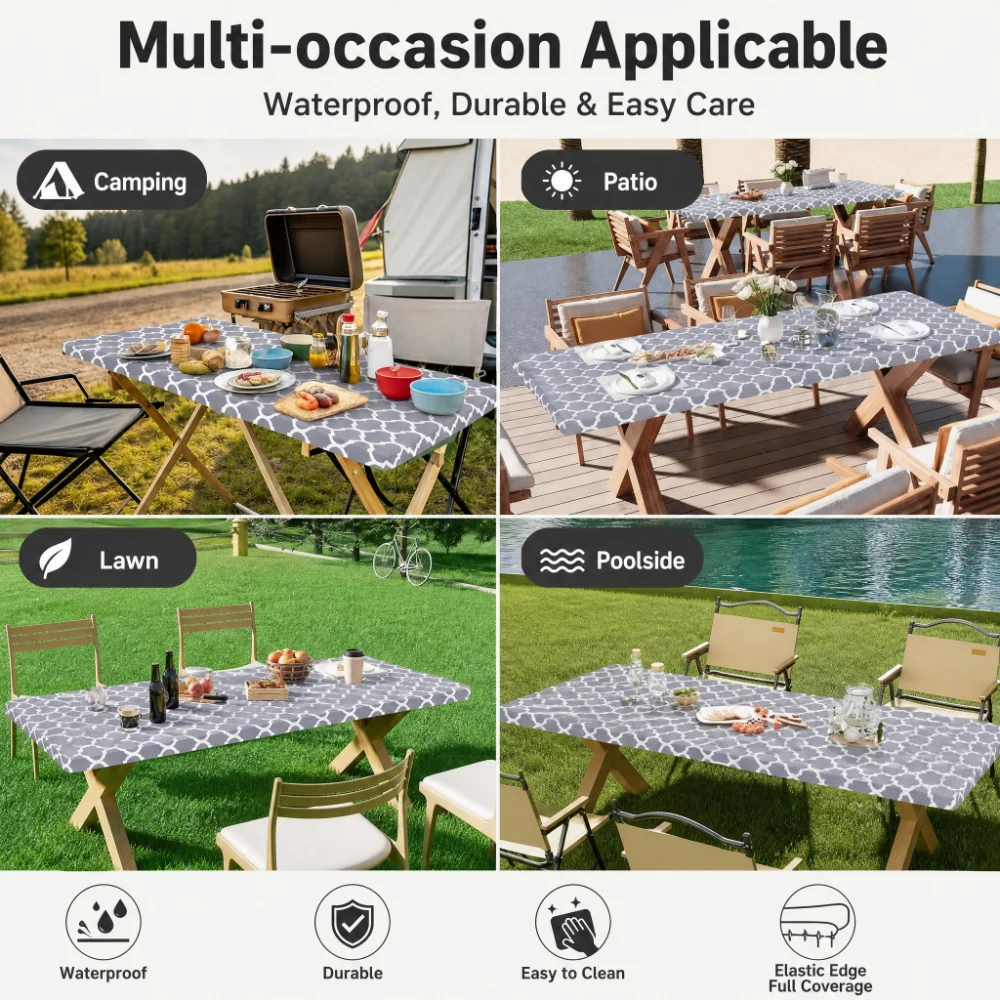 Outdoor Camping Table - 長方形テーブルクロスカバー、ポリエステル製伸縮性テーブルクロス、6フィートの折りたたみテーブルに適合、ピクニック、キャンプ、アウトドアに最適