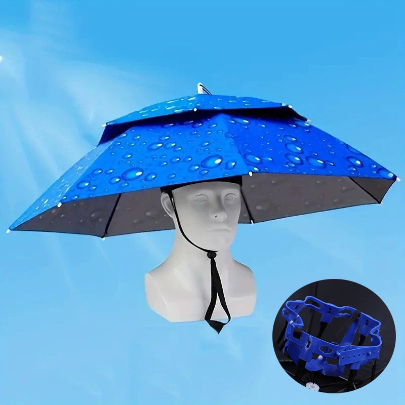 Outdoor Camping Hat - 二層式調節可能釣り傘帽子 折りたたみ式ハンズフリーヘッドサンシェードハット アウトドアキャンプハイキング用