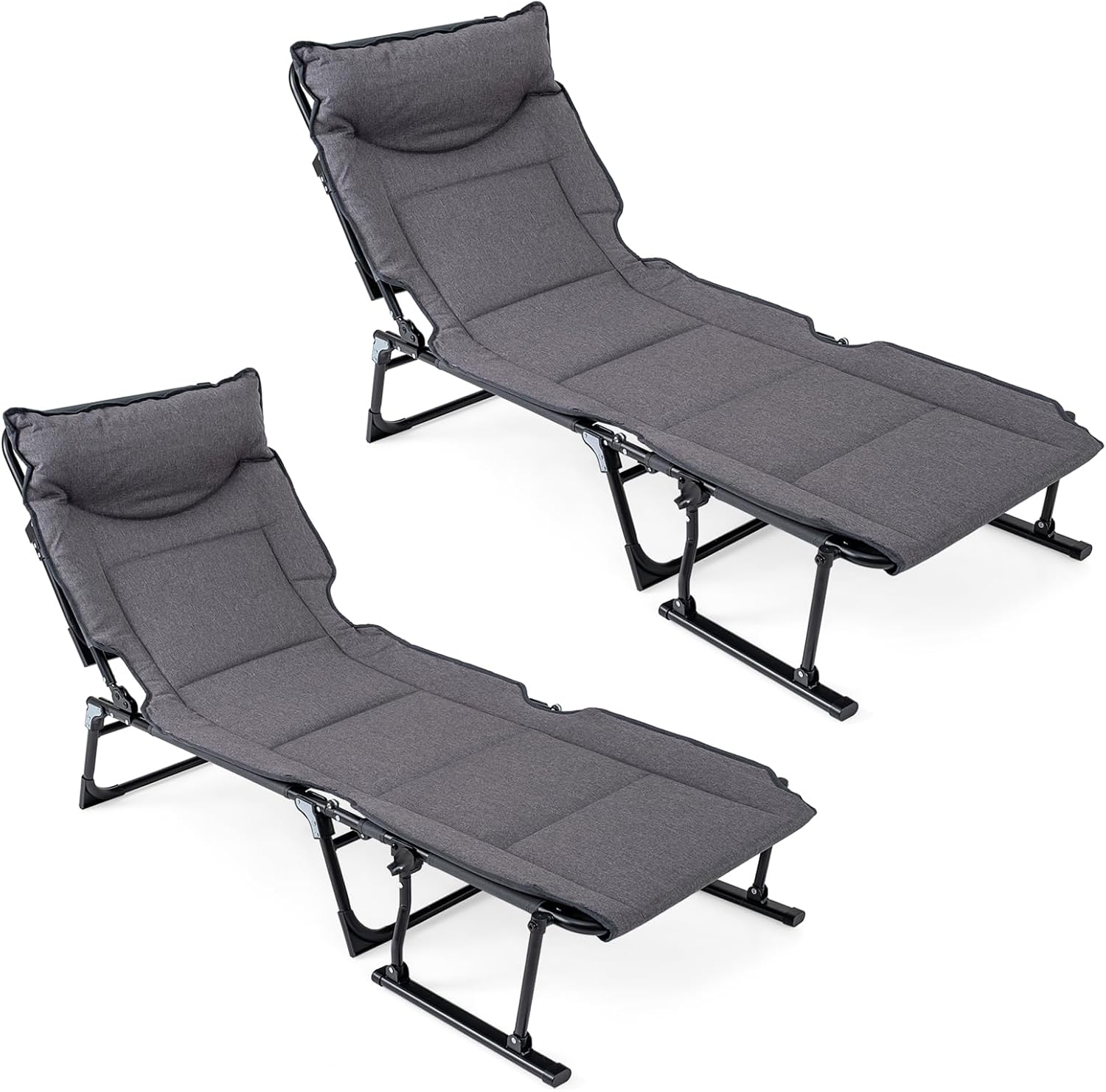 Outdoor Camping Recliner - 折りたたみ式パティオラウンジチェア2脚セット、調節可能なリクライニング折りたたみベッド、クッション、アームレスト、ヘッドピロー付き、屋外キャンプ、庭、芝生、オフィス、自宅用、グレー、2個セット