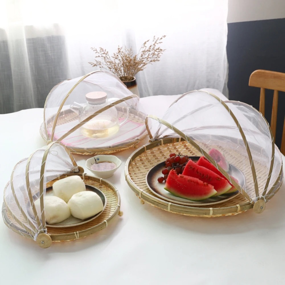 Outdoor Camping Mosquito Net - 竹編みバスケット防蚊帳果物野菜バスケットちりとりテントバスケットトレイポータブル屋外ピクニックメッシュネットカバー