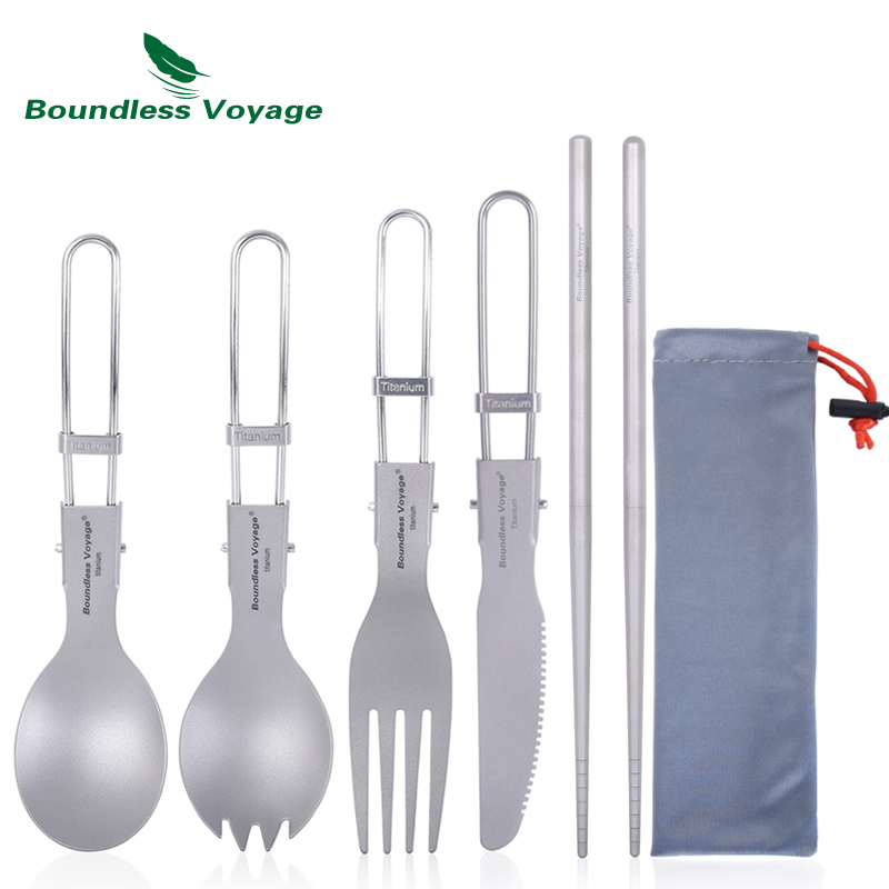 Outdoor Camping Dining Set - Boundless Voyage チタンキャンプカトラリー折りたたみスプーンスポークフォークナイフ箸アウトドア旅行食器食器セット