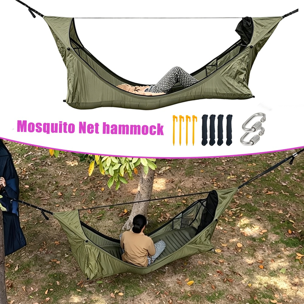 Outdoor Camping Mosquito Net - 蚊帳付きフラットハンモック スイングキャンプテント 屋外用 転倒防止 防水レインフライ 断熱パッド