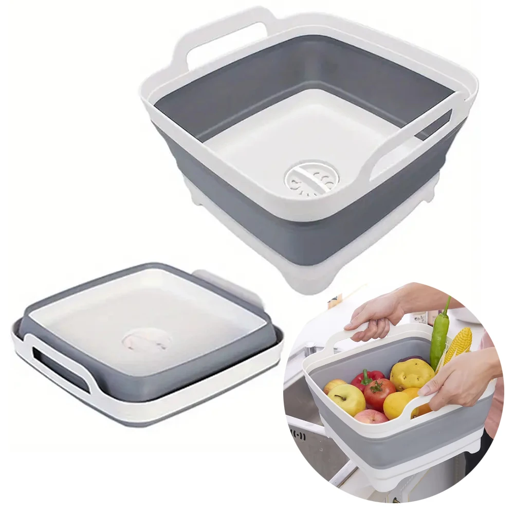 Outdoor Camping Kitchen With Sink - 1Pc 正方形果物野菜洗浄洗面器キッチン製品供給折りたたみシンク排水バスケット旅行屋外キャンプポータブル洗面器
